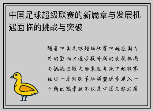 中国足球超级联赛的新篇章与发展机遇面临的挑战与突破