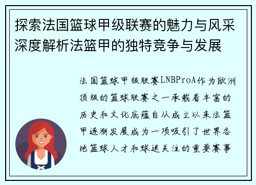 探索法国篮球甲级联赛的魅力与风采深度解析法篮甲的独特竞争与发展